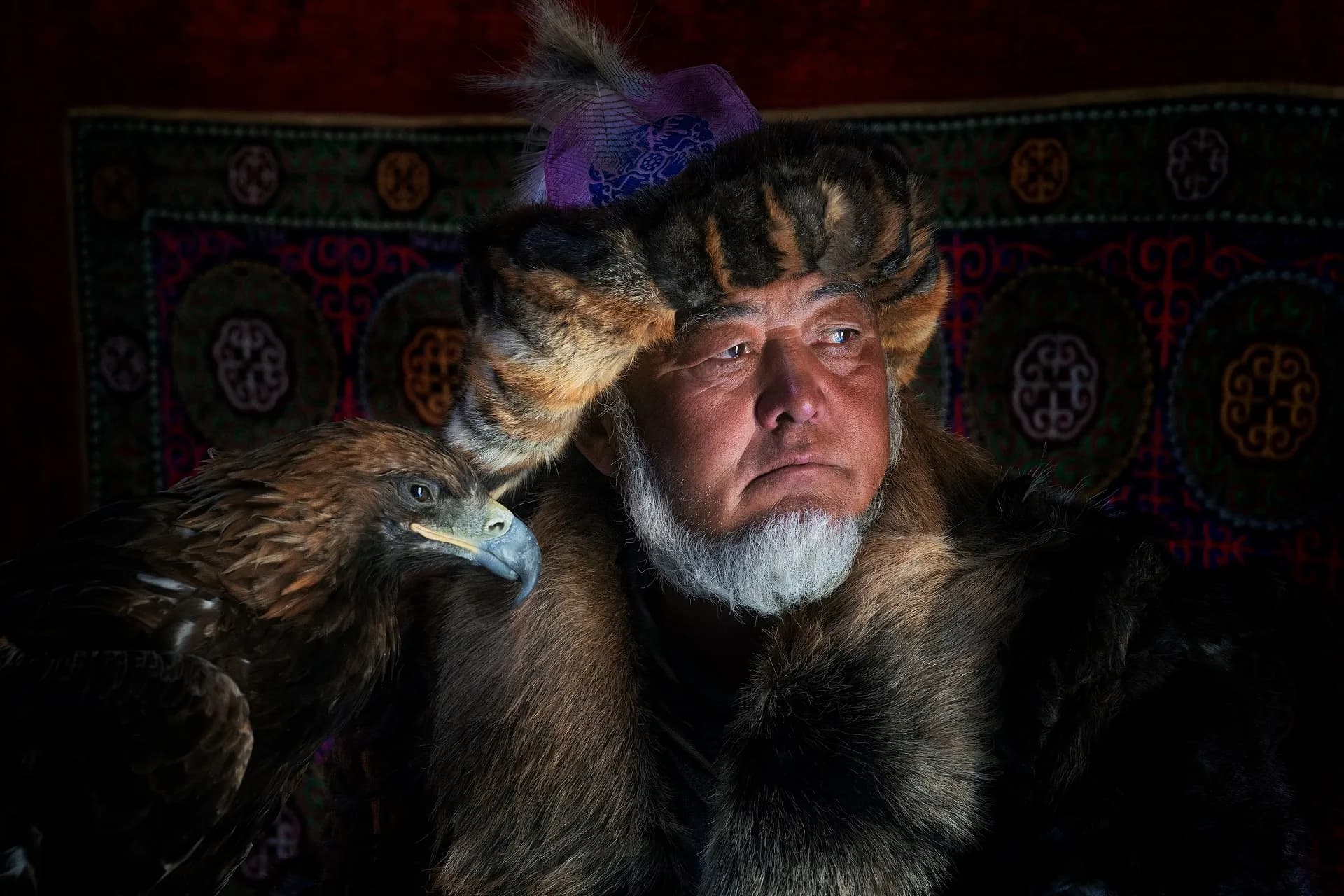 Champion Kazakh eagle hunter Shai Murat with his golden eagle
